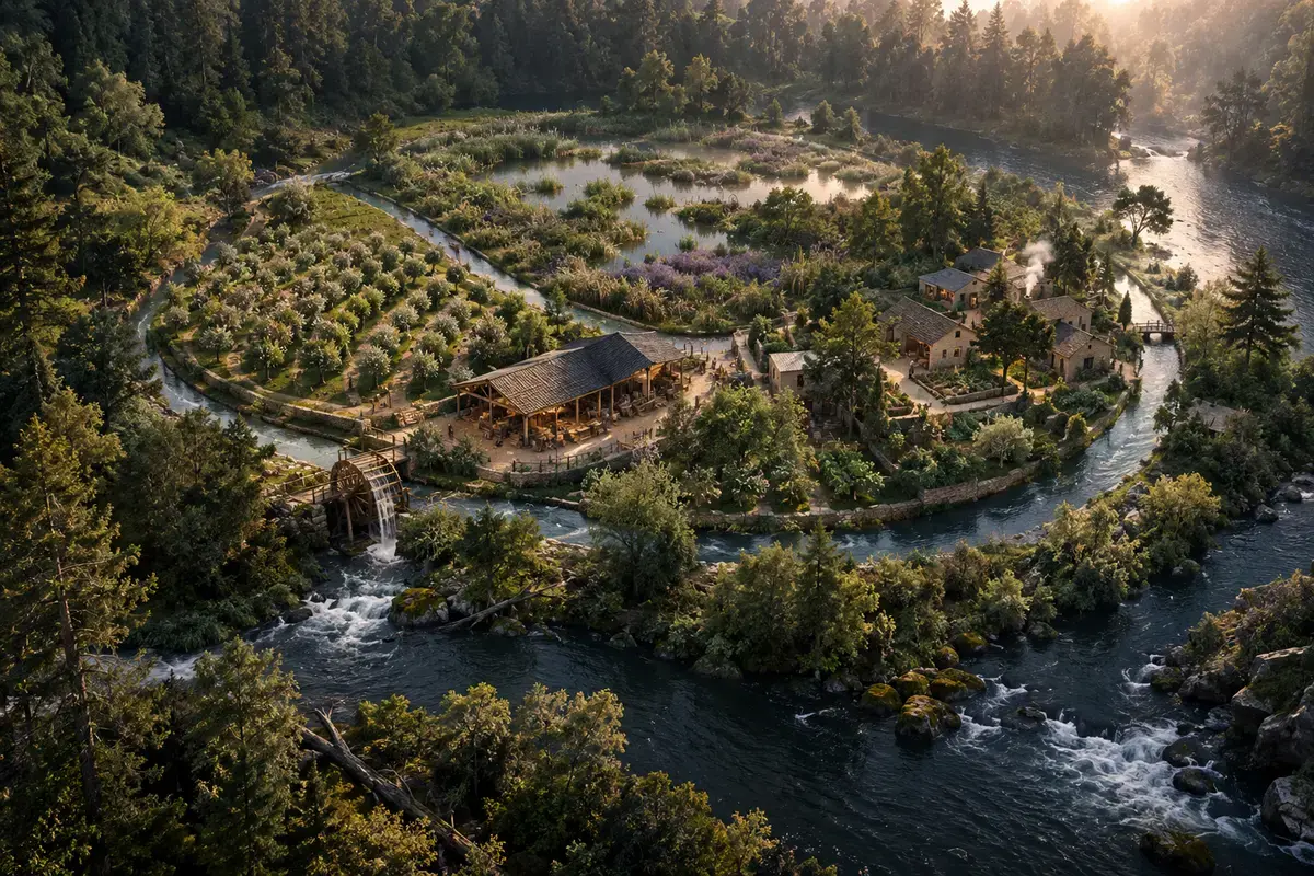 A circular watershed nourishes wetlands, orchards, workshops and homes before returning to the river.