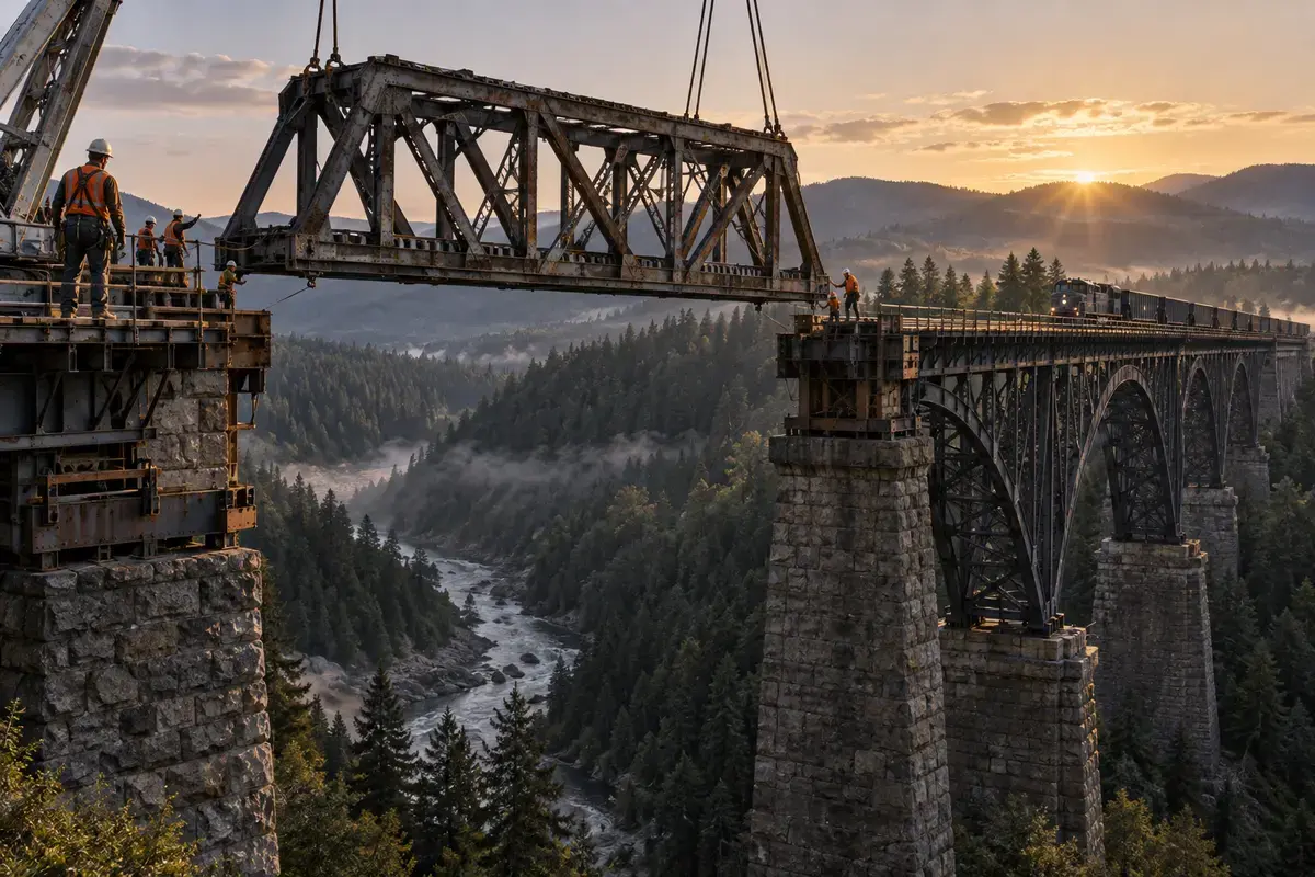 Engineers integrate a mature bridge span into a larger working rail network.