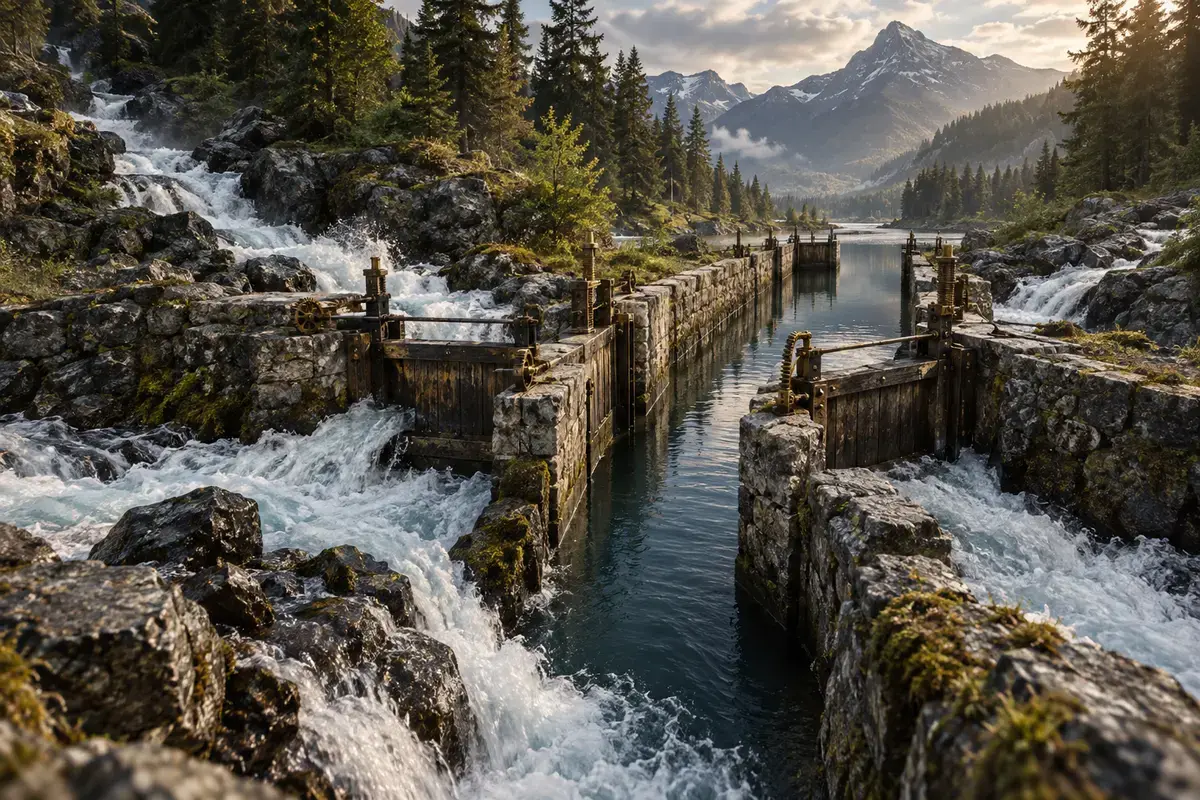 Wild mountain streams pass through a hand-built lock into one calm channel.